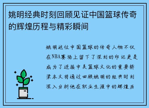 姚明经典时刻回顾见证中国篮球传奇的辉煌历程与精彩瞬间