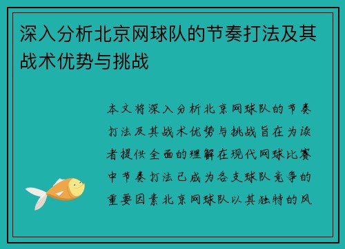 深入分析北京网球队的节奏打法及其战术优势与挑战