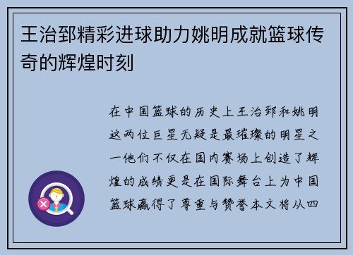 王治郅精彩进球助力姚明成就篮球传奇的辉煌时刻