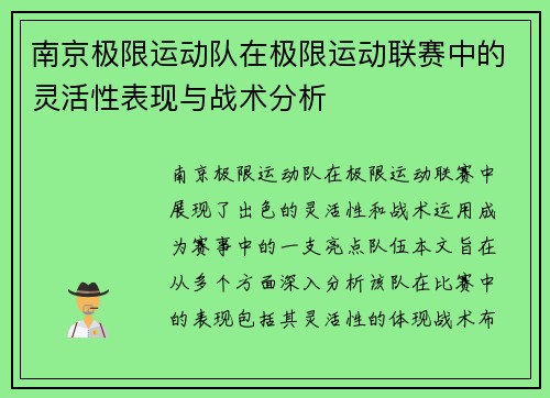 南京极限运动队在极限运动联赛中的灵活性表现与战术分析