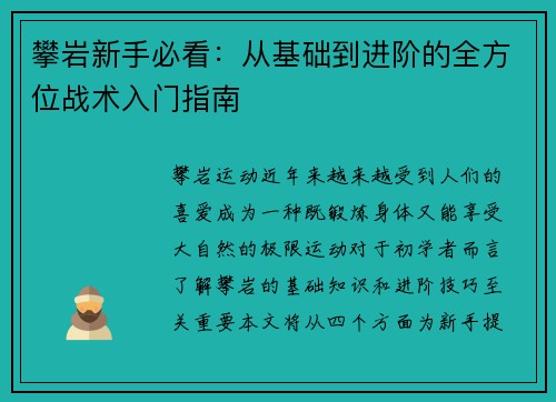 攀岩新手必看：从基础到进阶的全方位战术入门指南
