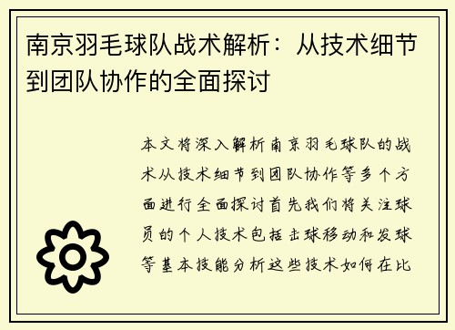南京羽毛球队战术解析：从技术细节到团队协作的全面探讨