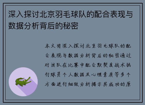 深入探讨北京羽毛球队的配合表现与数据分析背后的秘密