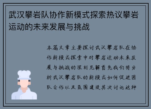 武汉攀岩队协作新模式探索热议攀岩运动的未来发展与挑战